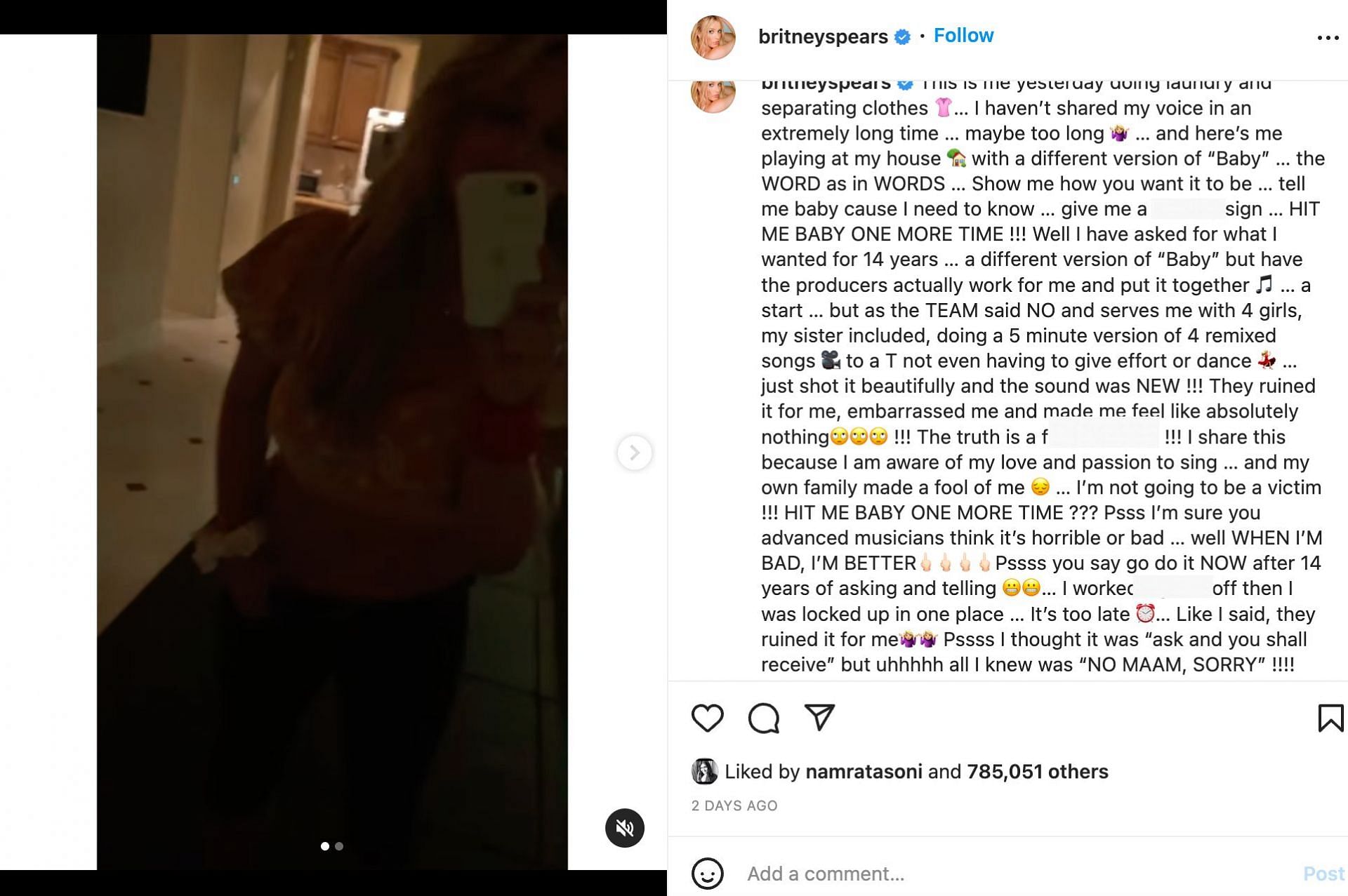 Britney Spears penned down a heartfelt caption along with her cover of Baby One More Time (Image via @ britneyspears/ Instagram)